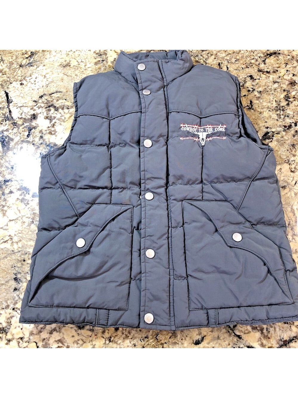 Size L Cowboy Hardware Boys Youth Puff Vest COWBOY TO THE CORE Grey Full Zip CN
